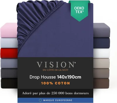 Feuille de lit ajustée Vision - 100% coton double (140 x 190 cm) - Bleu marine | Coins élastiqués | Tissage serré | Convient aux matelas