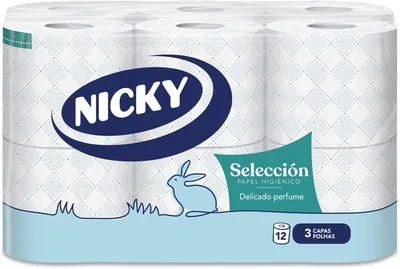 Nicky Toalettpapper Valfritt - 12 Roller, 150 Blatt per Roller, 3 Ply med Talcduft, Extra Soft, Dermatologisk Testad