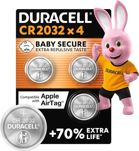 Duracell CR2032 Lithium Coin Batteries 3V (4 Pack) - Up to 70% Extra Life - Baby Secure Technology