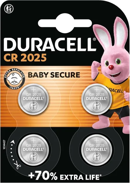 DURACELL 2025 Lithium Coin Batteries 3V (4 Pack) - Up to 70% Extra Life