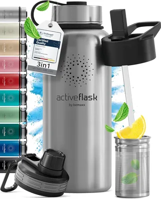 Butelka ACTIVE FLASK ze stali nierdzewnej + słomka (3 pokrywki) - wolna od BPA, szczelna, na dwutlenek węgla