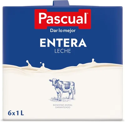 Leche Pascual - Leche Entera - Bienestar Animal - Paquete de 6 x 1L - Ideal para Niños y Adultos, Producto Natural y Saludable