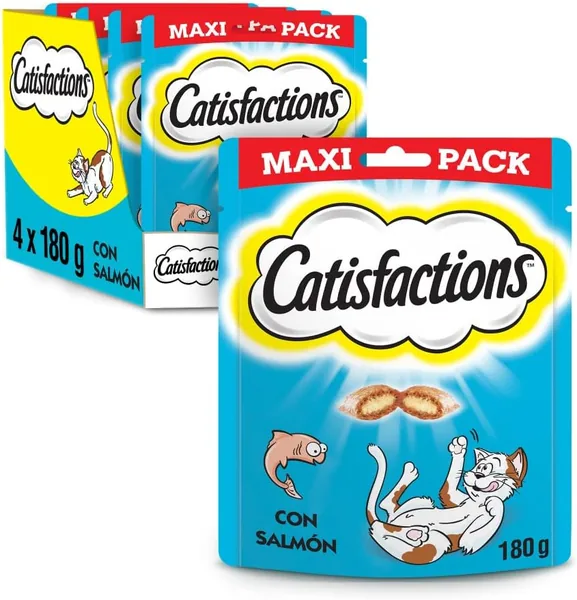CATISFACTIONS - Croquettes pour chat et chaton à la saveur saumon - Pack de 4 sachets MAXI 180g - Croustillantes à l'extérieur, moelleuses à l'intérieur