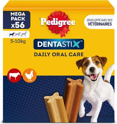 Pedigree Dentastix 56 bâtonnets à mâcher pour petits chiens, 5-10 kg, 8 sachets de 7, saveur poulet et bœuf, décalcification dentaire