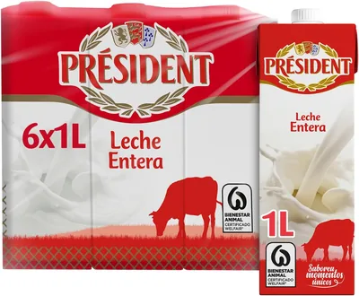 Leche entera Presidente, leche natural de Galicia, fuente de calcio y proteína, sin gluten, bienestar animal, envase