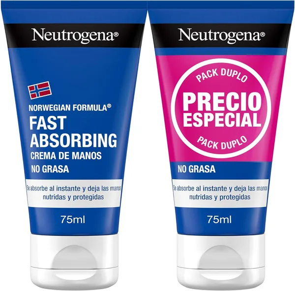 Crema de Manos Neutrogena Fórmula Noruega Absorción Rápida No Grasa (Paq. 2 x 75ml) Crema Reparadora con Glicerina y Vitamina E, 50% Descuento