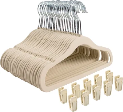 Finnhomy Non-Slip Clothes Hanger for Baby & Kids 30-Pack Velvet Hangers with Finger Clips Beige