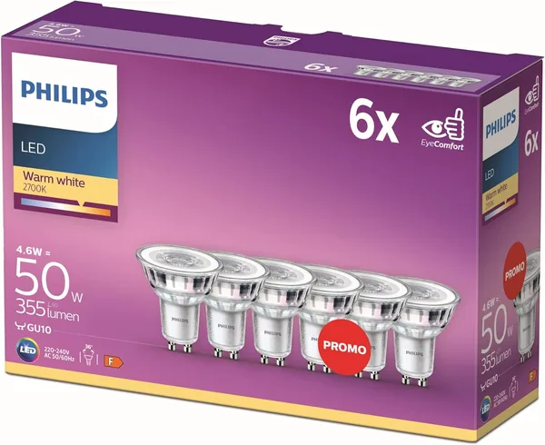 Philips LEDclassic Light Bulb, Replaces 50 W GU10, Pack of 6, Warm White (2700 Kelvin), 355 Lumen, Reflector