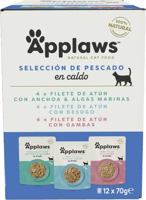 Applaws 100% Natuurlijke Premium Natte Katvoeding, Visvariëteit in Broeikorrel voor Volwassene Katten - Pak van 12 x 70g Zakjes (16% Korting)