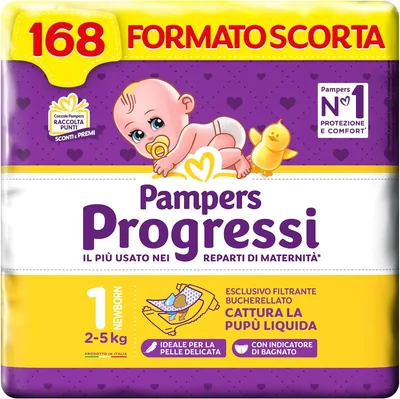 Pampers Progressi Newborn, Taglia 1 (2-5 kg), 168 Pannolini per Neonati