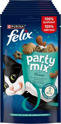 Mix Party FELIX per Gatti Adulti - Snack con Salmone, Cod e Trota, 8 Confezioni da 60 g