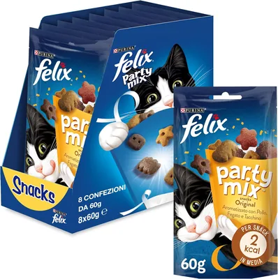FELIX Party Mix Snack for Adult Cats, 8 Packs of 60 g | Cat Treats with Chicken Liver and Turkey; Fu