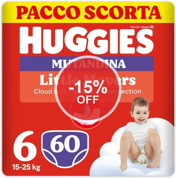Huggies Little Movers Mutandine per Bambini, Taglia 6 (15-25kg), Pacco da 60 Pannolini (30x2) - 15% di Sconto
