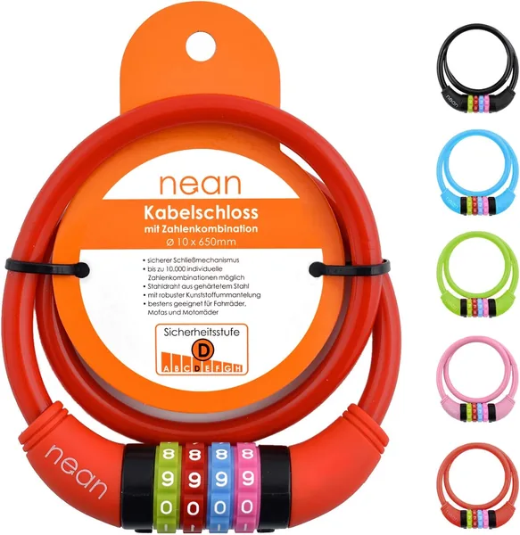 Nean Fietsslot voor Kinderen, Kabelslot met Nummercode, Licht en Makkelijk te Bedienen, Combinatieslot met Code, Best Deal