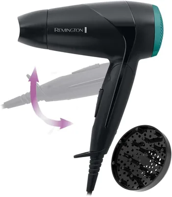 Asciugacapelli Remington 2000W - Pieghevole e Potente - Asciugatrice da Viaggio con Spazzola e Diffusore per lo Styling, 2 Livelli di Calore e F