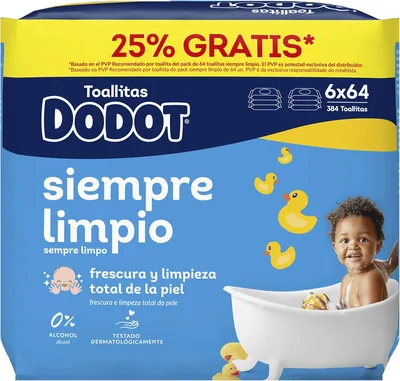 Toallitas Dodot Baby Dry, 384 toallitas, Recupera el pH de la piel del bebé (6 paquetes de 64)