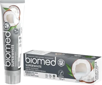 BIOMED Super white tandpasta 100 g, naturligt mild färgande, beror sensitivitet och tån, återstår email, utan fluor