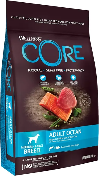 Wellness CORE Ocean 10kg, Zalm/Tonijn - Droogvoer voor Grote/Middelgrote Honden, Graanvrij, Natuurlijk, Hypoallergeen, Hoog Proteïne, Hi