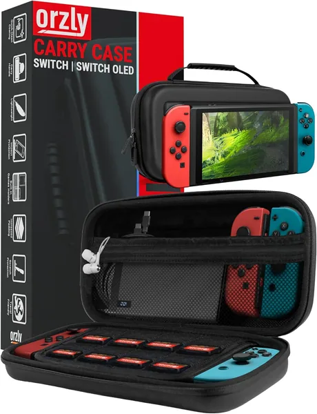 Orzly Carry Case Compatible with Nintendo Switch and New Switch OLED Console - Black Protective Hard Portable Travel Carry Case Shell Pouch with Pockets for Accessories and Games