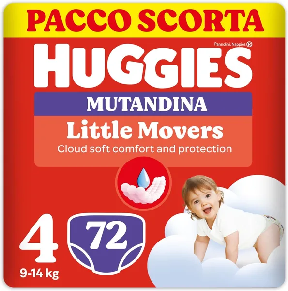 Pannolini Huggies Little Movers Taglia 4 (9-14 kg), Ultra Assorbenti, Protezione Completa, Pacco Extra, 72 Pezzi - Miglior Affare