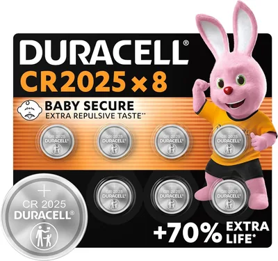 Batteries Duracell 2025 3V (8 unités) - Longévité jusqu'à +70% - Technologie de sécurité pour enfants - Pour clés électroniques et sports