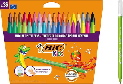 Marcadores BIC Kids Kid Couleur Lavables, Puntero Medio, Colores Variados, Ideales para Actividades Creativas, Estuche de 36 Marcas