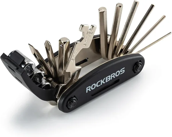 ROCKBROS Bicycle Multitool 16-in-1 - Foldable Bicycle Repair Kit Made of Steel, Compact & Lightweight, Black, 1 Set