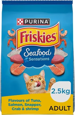 أطعمة قطط Purina Friskies Sensations البحرية 2.5 كجم | مع التونا، السلمون، سمك أبيض، سرطان وحشرة البحر