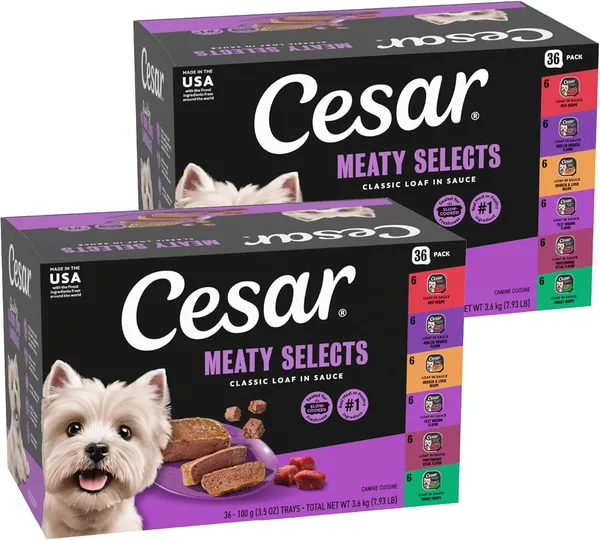 Cesar Wet Dog Food Classic Loaf in Sauce Grilled Chicken, Filet Mignon, Porterhouse Steak, Beef, Chicken & Liver and Turkey Variety Pack 3.5 oz. Easy Peel Trays (36 Count, Pack of