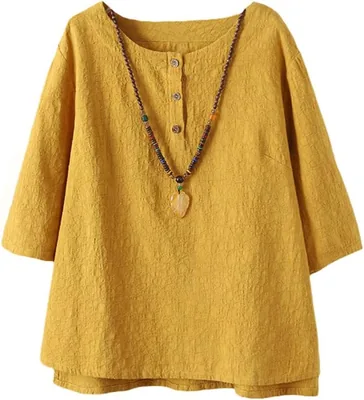 Minibee Women's Cotton Linen Blouse - 3/4 Sleeve Top
