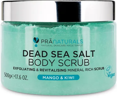 Scrub corps au sel de la Mer Morte PraNaturals - 500g - Naturel & Minéral, Odeur Fruitée Sucrée, Sans Parabène, Végétalien C