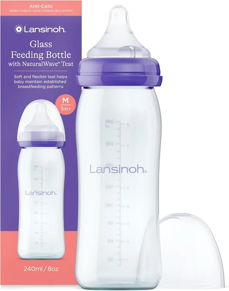 Flaszka Lansinoh z szerokim ustnikiem 240 ml z Natural Wave Silikonowym Saugaczem M, 1 szt.