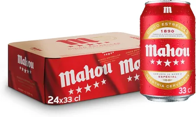 Mahou 5 Estrellas, Cerveza Lager Dorada, Pack de 24 Latas x 33cl