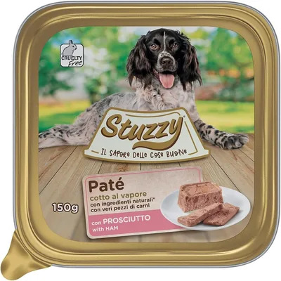 Stuzzy Mister Wet Food voor Volwassene Honden, Ham smaak, Pate en Vlees, 3.3 kg (22 bekers x 150 g)