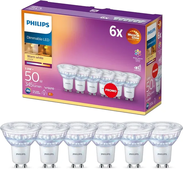 Philips LED WarmGlow lamp replaces 50W, GU10, warm white (2200-2700 Kelvin), 345 lumens, reflector, dimmable, pack of 6