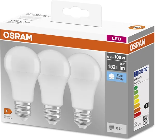 Osram Classic A Base LED Light Bulb, E27 Socket, Non-Dimmable, Replaces 100 Watts, Matte, Cool White - 4000 Kelvin, Pack of 3