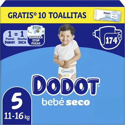 Dodot Baby-Dry Pañales Talla 5 (11-16 kg), 174 unidades + regalo: 1 pack de 10 toallitas Aqua Pure 99% agua, protección nocturna hasta el 100%