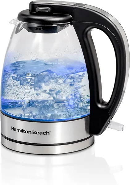 Hamilton Beach Glass Electric Kettle, 1 L, 1500W Fast Boiling Water Boiler, Cordless, Soft Blue LED Light, Auto Shutoff & Boil-Dry Protection, BPA-Free