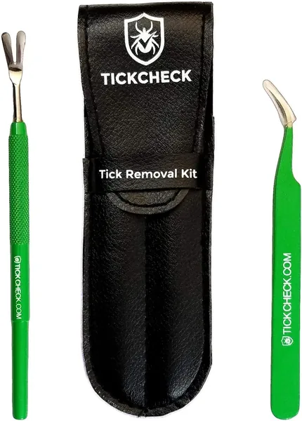 TickCheck Premium Tick Remover Kit - Stainless Steel Tick Remover + Tweezers, Leather Case, and Free Pocket Tick Identification Card (1)