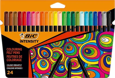 BIC Intensité Stylos à encre lavable - Corps noir - Couleurs assorties, paquet de 24