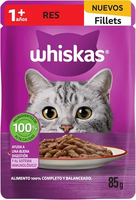 Whiskas - Alimento Húmedo para Gatos, Sabor Res, Ingredientes Naturales, Vitaminas y Minerales, 24 Sobres de 85g, 14% Descuento