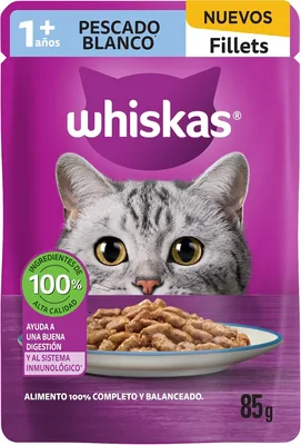 WHISKAS - Alimento Húmedo para Gatos, Sabor Filete de Pescado Blanco, con Ingredientes Naturales, Ca