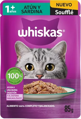 Whiskas Alimento Húmedo para Gatos Adultos, Sabor Soufflé Atún y Sardina 85g x 24 Unidades - 14% Descuento