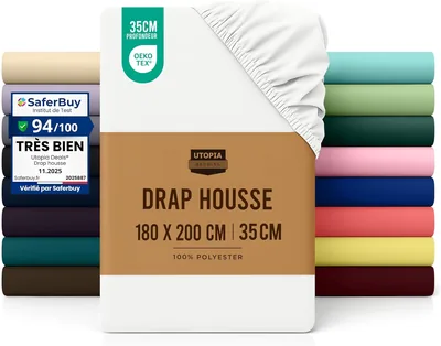 Feuille de lit ajustée Utopia - Blanche, 180 x 200 cm - Certifiée Oeko-Tex - Coins de 35 cm pour matelas épais - Microfibre brossée - 5% de réduction