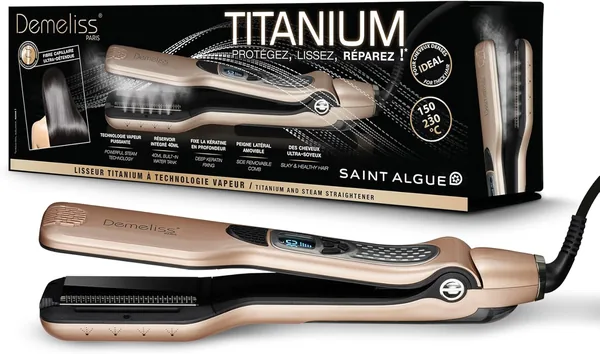 Lisseur à vapeur Demeliss Saint Algue Titanium - Plates flottantes, Revêtement titane - Puissance vapeur ultra - Réservoir intégré