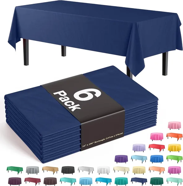 Exquisite Party Solids 6-Pack Premium Plastic Tablecloth 54in. x 108in. Rectangle Plastic Table Cover - Navy