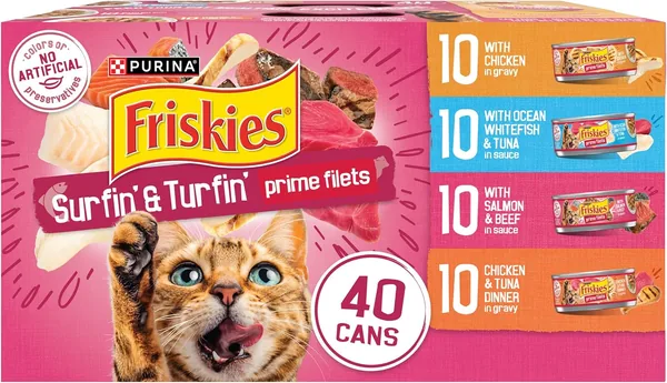 Purina Friskies Gravy Wet Cat Food Variety Pack, Surfin & Turfin Prime Filets Favorites - (Pack of 40) 5.5 oz Cans