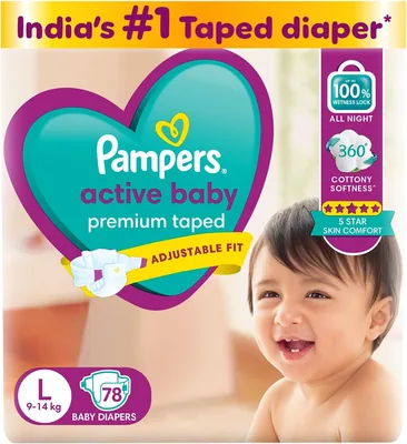 Pampers Active Baby Tape Style Diapers, Large (L), 78 Count, 9-14kg, Adjustable Fit with 5 Star Skin Protection