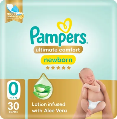 Pampers Ultimate Comfort Taped Diapers, Size 0, 2.5kg, Aloe Vera Lotion, Leak Locks Technology - 29% Off