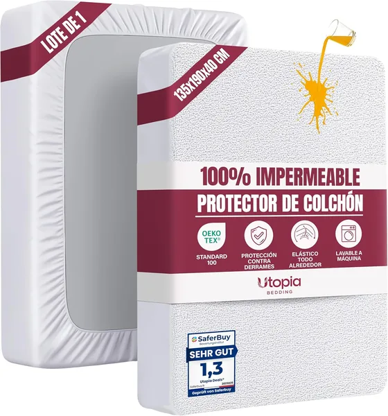 Utopia Bedding Waterproof Mattress Protector 135 x 190 x 40 cm, Oeko-Tex Certified Mattress Cover, Breathable Mattress Cover, Elastic All Around